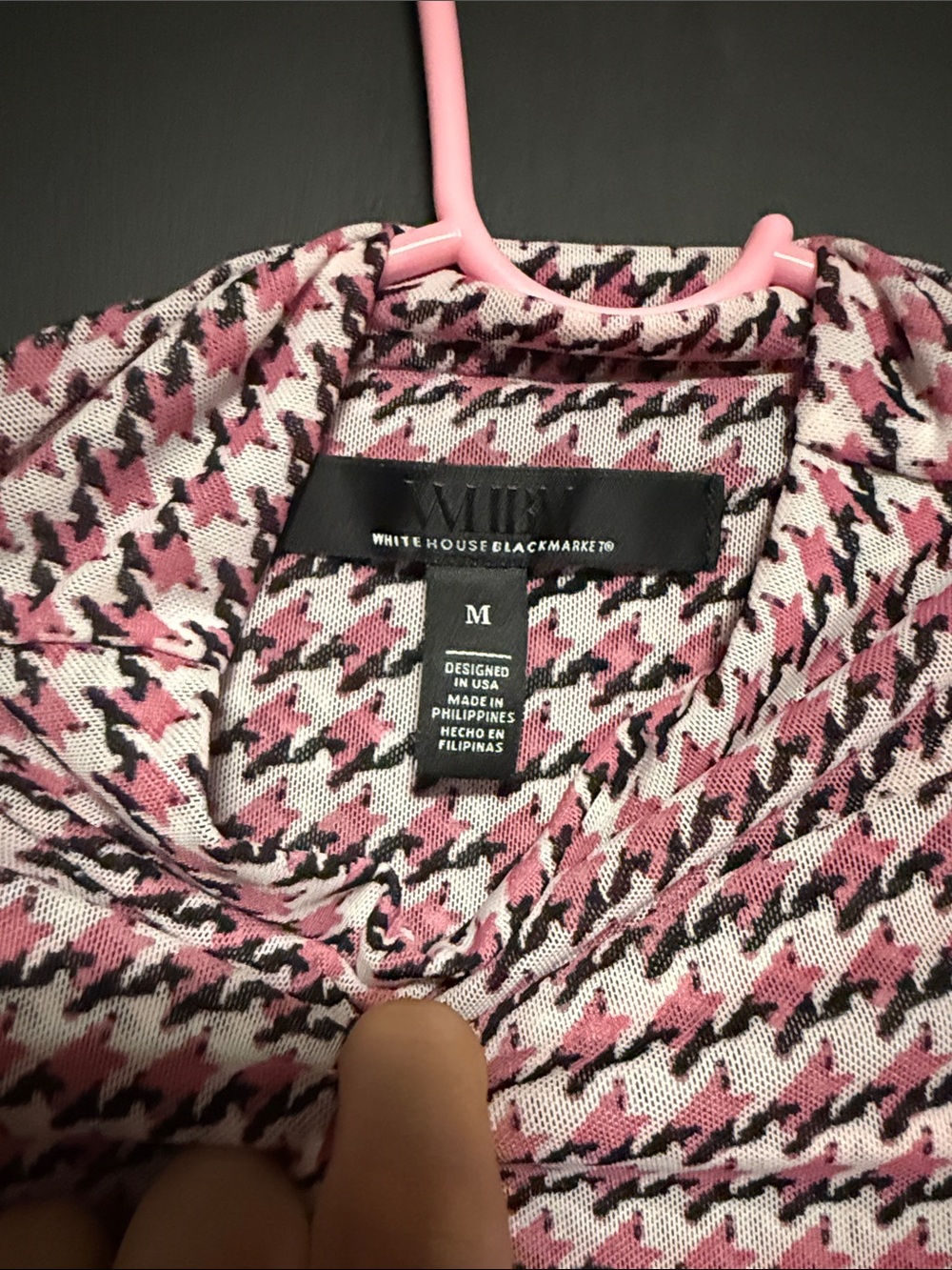 White House Black Market Pink and Black Houndstooth Long-Sleeve Mock Neck Top - Picture 2 of 4
